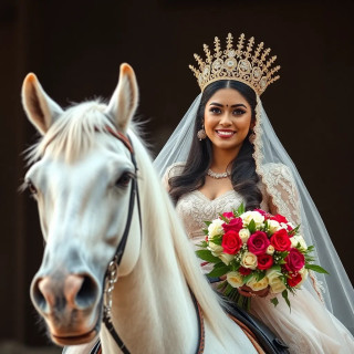 Happy, beautiful, glorious bride, in full body, She is riding a white horse and holding colored corsage . She is smiling and greeting people