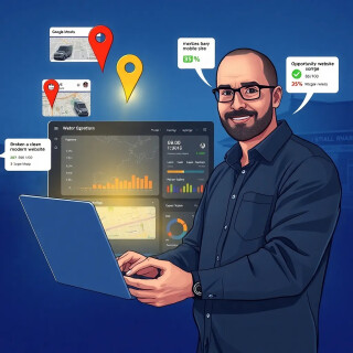 A realistic, modern, professional hero illustration showing a confident web design agency owner at a laptop, with a large digital dashboard on the screen displaying Google Maps pins turning into glowing gold leads. Floating around are website screenshots: one broken mobile site (red overlay with issues highlighted), one clean modern website (green checkmarks), opportunity score badges (85/100), and personalized message bubbles. Subtle background of local businesses like a roofer truck, landscaper, and restaurant. Clean blue and green tech colors, futuristic but approachable, high resolution, cinematic lighting