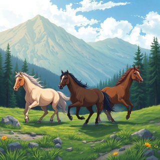 3 horses running in mountain and forest