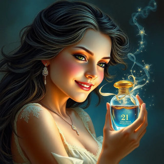 Little woman at the age of 21, happy with her new perfum, enjoying the scent of this magic perfum.
