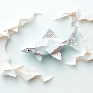 “Geometric paper koi carp swimming in translucent origami waves” – tidy creases, minimalist pastel backdrop