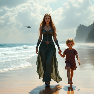 A glorious woman walking with her 2 children. she is hold their hand at the beach.