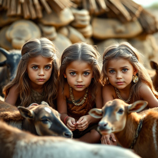 3 Little girls playing in the year 500 BC, realistic, domestic animals around the 3 girls