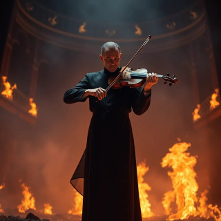 Phantom of the Opera-style figure playing a violin in a burning theater, flames frozen in time.