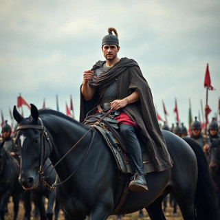 Alexander the Great is riding his black horse, going to war with his scaring army.
