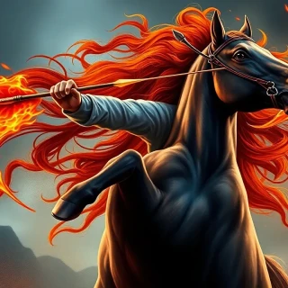 “Merida loosing a flaming arrow that splinters a target mid-gallop, stallion rearing, her hair a wild crimson blaze, fierce independence”
