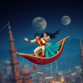 Aerial shot of Aladdin and Jasmine on the magic carpet diving between Agrabah’s moonlit minarets, hair whipping in the wind, sparkling night sky, exhilarated laughter