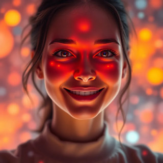 A glowing digital interface that reacts to facial expressions, adjusting colors and content live. The user's smile triggers soft lighting and soothing animations — stylized in a surreal, dreamlike art style with warm tones and soft blur."