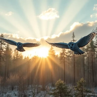 “Great grey owls gliding low over frost-sparkling boreal forest clearing, sunrise ray columns slicing through trees, photographic, panoramic view”