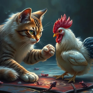 beautiful cat playing with a chiken
