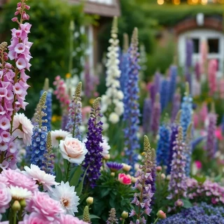 “Quintessential English cottage border overflowing with pastel David Austin roses, foxgloves, delphiniums, alliums, and trailing sweet peas, soft golden-hour backlight, photographic”