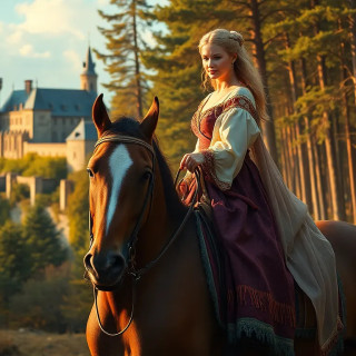 Princess of Sweden in full body riding a brown horse in the forest, , oil painting, background: the castle, the beach