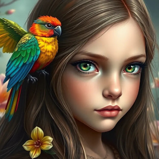A very beautiful 8 years old girl, long hair with green eyes,  a colorful bird on her head, background: flowers