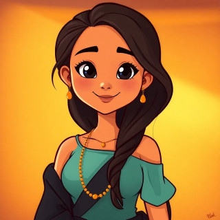 A young woman, likely of Middle Eastern descent, is depicted.  She is positioned in the center of the image,  and is facing the viewer.  She has long, dark, flowing hair, and warm-toned skin.  Her facial expression is pleasant and slightly smiling. Her eyes are dark, and her features are softly drawn, characteristic of a cartoon or animated style.  She wears a light teal, off-the-shoulder top and a dark garment.  She has gold-orange toned jewelry, including necklaces and earrings.  The background is a soft blend of warm, orange and yellow colors.  The lighting is warm and bright, focused on the subject, suggesting a daytime setting or interior scene. The overall composition is simple, centered, and emphasizes the character's beauty in a friendly way. The style is a classic Disney animated film, with smooth lines and bold colors.  The character's body build is slender and petite.