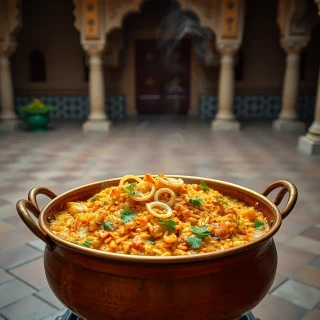 “Indian Hyderabadi biryani presented in a copper handi, steam rising, fried onions and mint garnish, Mughal palace courtyard setting, rich color grading”