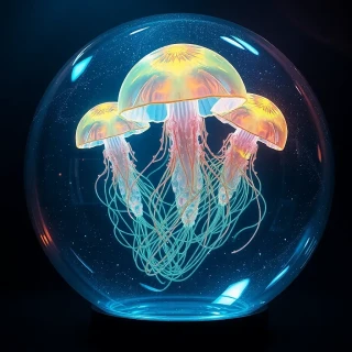 “Holographic jellyfish ballet inside a glass sphere” – photoreal 3D, caustic light play