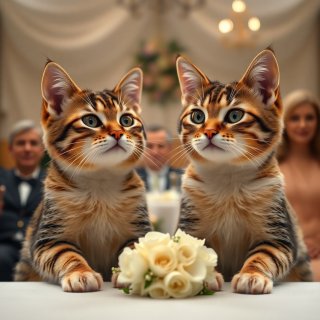 Wedding ceremony of two happy realistic cats with beautiful white flowers. The guests are humains.