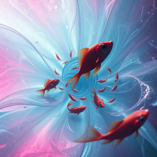 A giant transparent flower filled with swirling water and tiny fish, as if it’s an aquatic habitat, surreal fantasy art.