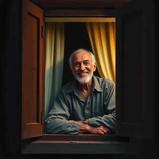 old man smiling in the window of second floor, oil painting