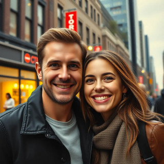 Happy couple in Toronto streets, oil painting