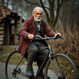 Old man riding ancient bicycle in the year 1775