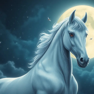 A white unicorn with flies in the sky on a moonlit night with twinkling stars.