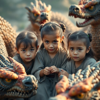 3 Little girls playing in the year 500 BC, realistic, big dragons around the 3 girls