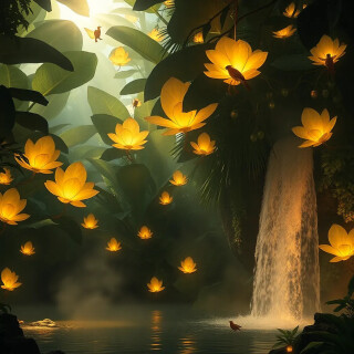 Sunlight filters through layers of gargantuan leaves, each translucent and veined with gold. Bioluminescent flowers bloom like lanterns, illuminating the dense foliage where exotic creatures with iridescent wings perch. A waterfall cascades into a pool of glowing liquid, steam rising in slow motion. Ultra-detailed, photorealistic, depth of field.
