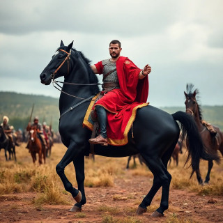 Alexander the Great is riding his black horse, going to war with his scaring army.
