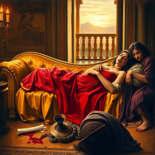 A dramatic, emotionally charged scene of Cleopatra VII's suicide in her Alexandrian palace, 30 BCE. The last Pharaoh of Egypt, a beautiful yet weary woman with Hellenistic features (copper skin, wavy black hair, a diadem resting askew on her brow), lies lifeless on a golden couch, draped in sheer crimson and gold linen. A small, venomous Egyptian cobra slithers away from her bare arm, its bite marked by twin punctures. Her hand clutches a rolled papyrus scroll—Caesar’s sealed letter—while a shattered goblet spills wine like blood onto the mosaic floor. Around her, two distraught handmaidens (one Nubian, one Greek) collapse in grief, their robes disheveled, one holding a discarded asp basket. The opulent chamber is bathed in torchlight, its Ptolemaic frescoes fading into shadow as dawn breaks through the balcony, symbolizing Rome’s impending conquest. The composition echoes Baroque paintings—rich colors, chiaroscuro lighting, and tragic grandeur.