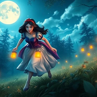 “Snow White charging through a moonlit forest with the seven dwarfs, glowing lanterns scattering frantic woodland shadows, protective courage” rays beneath, sky blazing with stars, steadfast determination”