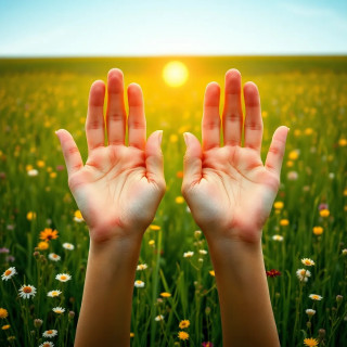 A meadow where flowers bloom in the shape of human hands, reaching for a sun that never moves.