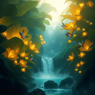 Sunlight filters through layers of gargantuan leaves, each translucent and veined with gold. Bioluminescent flowers bloom like lanterns, illuminating the dense foliage where exotic creatures with iridescent wings perch. A waterfall cascades into a pool of glowing liquid, steam rising in slow motion. Ultra-detailed, photorealistic, depth of field.