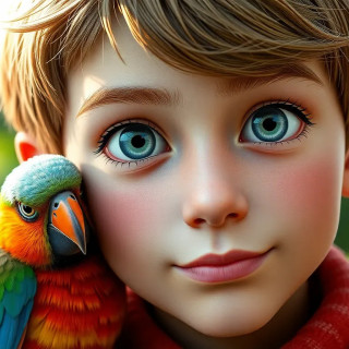 A very beautiful 10 years old boy with grey eyes,  a colorful bird on his shoulder