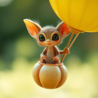 A tiny, furry alien with big eyes and wing-like ears, riding a floating seed pod like a balloon, Pixar-style charm.