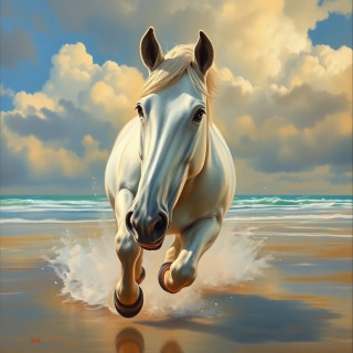 Beautiful white horse running in beach, oil painting