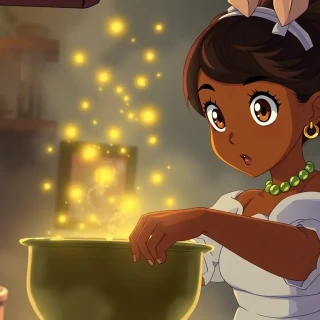 Tiana stirring a shimmering gumbo that bursts into magical fireflies, steamy New Orleans kitchen, eyes wide with wonder