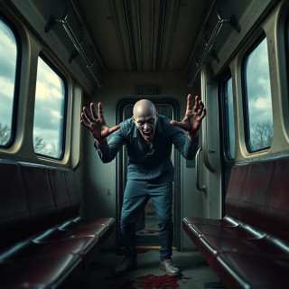 Zombie outbreak in a subway tunnel, last survivor hiding behind a train seat, rotting hands clawing through the windows.