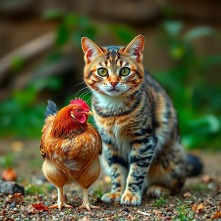beautiful cat playing with a chiken