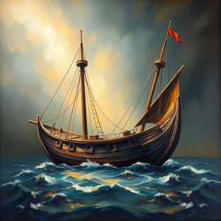 Ancient commercial ship in the sea, oil painting