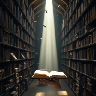 Ancient library with floating books and a beam of light illuminating a single reader, dust motes swirling like gold.