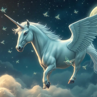 A white unicorn with flies in the sky on a moonlit night with twinkling stars.