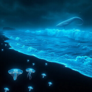 A black-sand beach where waves glow electric blue as they crash, illuminating strange coral-like formations. The ocean is dotted with floating, jellyfish-like organisms pulsing softly. In the distance, a massive bioluminescent whale breaches the surface. Moody, dramatic, and magical.