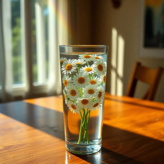 A glass vase filled with water and floating daisies, sunlight casting rainbow prisms on a wooden table, cozy and warm.