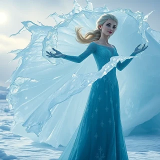 “Elsa summoning an ice cyclone on a frozen fjord, swirling shards catching moonlight, wind-tossed braid, expression of focused empowerment”