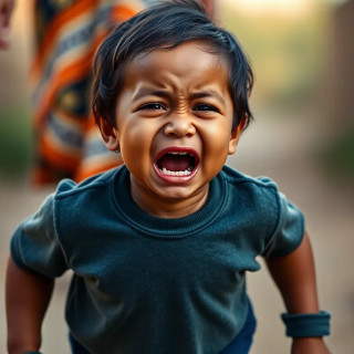 Little child crying and running after his mother
