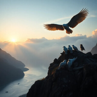 First light strikes the mist-covered peaks of floating mountains, turning the clouds molten gold. Giant winged creatures nest on rocky outcrops, their feathers iridescent. A river far below reflects the sky like liquid metal. Peaceful, vast, and awe-inspiring.