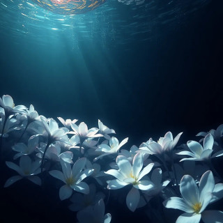 Deep underwater scene with pale flowers sinking into the abyss, faint rays of light piercing through, dark fantasy.