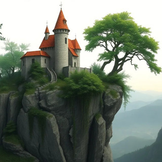 A fairytale castle perched atop a dramatic cliff face.  The castle, with terracotta-colored roofs and light gray stone walls, has two small, pointed towers.  Trees, lush and full of foliage, grow from the cliff's edge and around the castle's perimeter.  The cliff face is rugged and uneven, with rocky outcroppings and cascading plant life that seem to hang from the edge.  The cliff extends outward over a valley, with distant hills and a pale sky visible beyond. The lighting suggests a serene, daytime atmosphere with soft, diffused light.  The overall composition is symmetrical with the castle centered on the cliff, showcasing a sense of otherworldly beauty and fantasy.  The perspective is a slightly high angle, looking down on the castle and cliff, emphasizing its precarious position.  The colors are muted and harmonious, with shades of gray, brown, green, and terracotta.  The style is artistic and evocative of a fantasy landscape, blending realistic elements with a touch of whimsy.