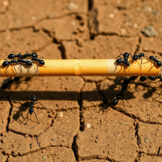 A full, unbroken cigarette being carried horizontally by two perfectly organized rows of realistic black ants, each ant gripping and lifting the cigarette with its legs, top-down macro photography style, cigarette slightly elevated from cracked dry earth, full object centered in the frame, highly detailed textures, natural sunlight, teamwork and structure clearly visible; Negative prompt: "cropped, cut-off, broken cigarette, surreal, fantasy, cartoon, painting, blurry, artistic, disorganized ants, ants not touching cigarette, chaotic composition, zoomed in"